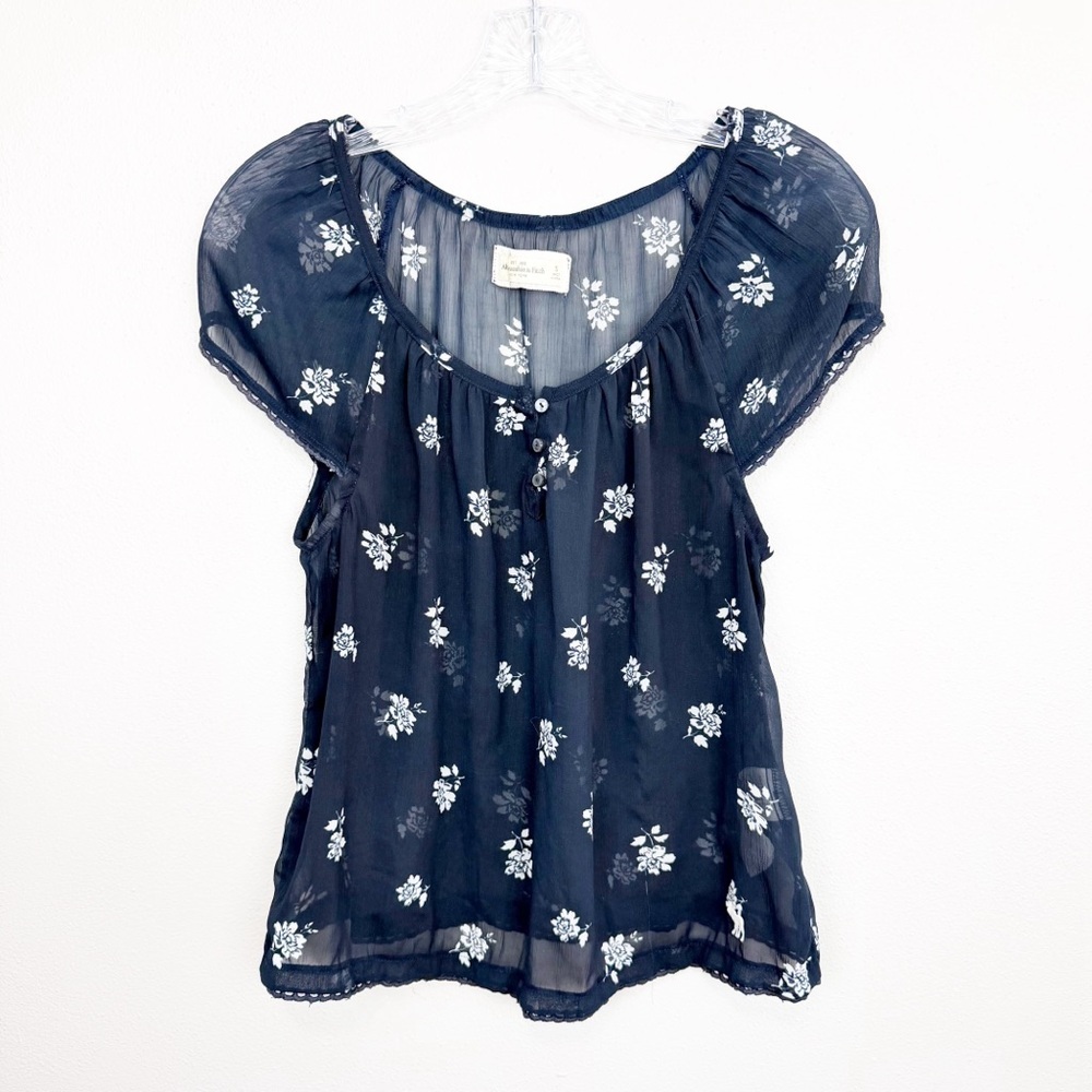 Abercrombie & Fitch Y2K Sheer Floral Short Sleeve Babydoll Blouse Top Small Navy